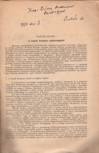 Csatri Dniel - A romn fasizmus sajtossgairl - dediklt - klnlenyomat