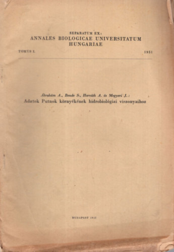 Dr. Bende Sndor, Horvth Andor, Megyeri Jnos brahm Ambrus - Adatok Putnok krnyknek hidrobiolgiai viszonyaihoz - Klnlenyomat