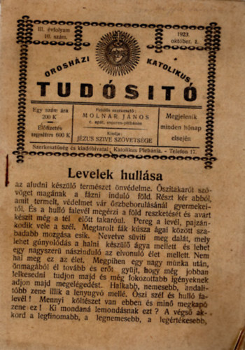 Molnr Jnos - Oroshzi katolikus tudst 1923. oktber 1.