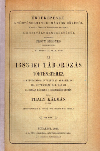 Thaly K�lm�n - Az 1683-iki t�boroz�s t�rt�net�hez