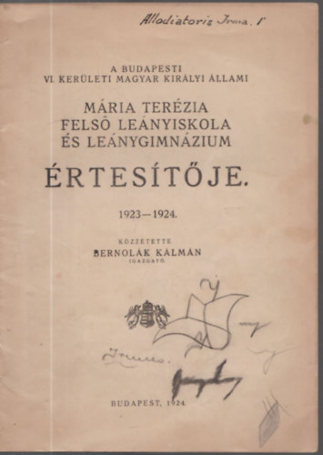 Bernolk Klmn  (kzztette) - Mria Terzis Fels Lenyiskola s Lenygimnzium rtestje 1923-1924