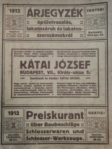 Kátai József - Árjegyzék épületvasalás, lakatosáruk és lakatosszerszámokról