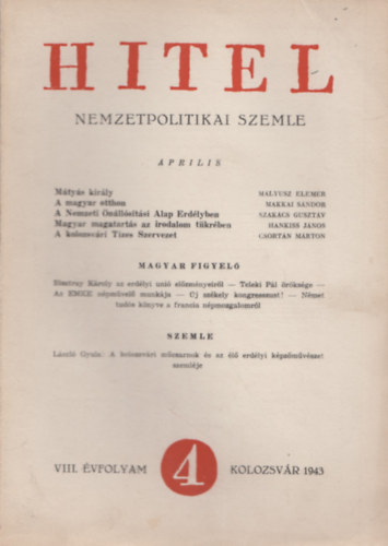 Kiss Jen�  K�ki B�la szerk. (szerk.) - Hitel nemzetpolitikai szemle VIII. �vfolyam / 1943 �prilis