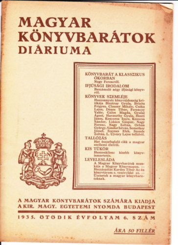 Mt Kroly  (szerk.) - Magyar Knyvbartok Diriuma 1935. 5. vfolyam 6. szm