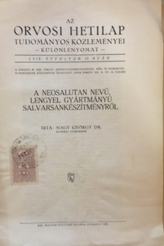 Dr. Nagy Gy�rgy - Az Orvosi Hetilap tudom�nyos k�zlem�nyei - K�l�nlenyomat - LXIX. �vf. 12. sz�m