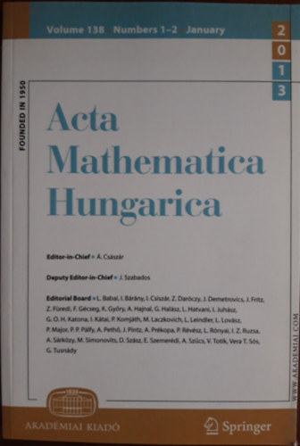 . Csszr Editor-in-Chief - Acta Mathematica Hungarica Volume 138, Numbers 1-2, January 2013