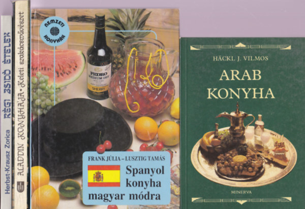 4 db Nemzetk�zi szak�csk�nyv: H�ckl J. Vilmos - Arab konyha; Frank J�lia - Lusztig Tam�s - Spanyol konyha magyar m�dra; Aladdin Konyh�ja, keleti szak�csm�v�szet; Herbst-Krausz Zorica - R�gi zsid� �telek