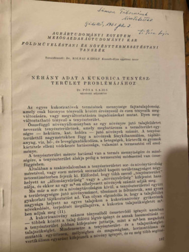 Dr. P�sa Lajos - N�h�ny adat a kukorica teny�szter�let probl�m�j�hoz