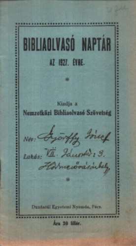 bibliaolvas� napt�r az 1927. �vre