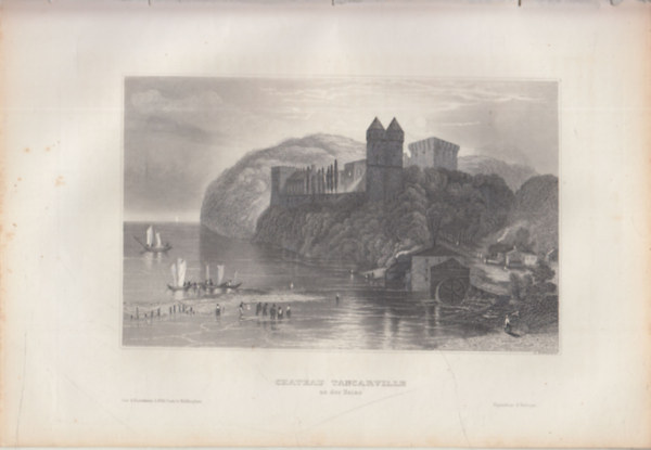 Chateau Tancarville (Tancarville kastély, Tancarville, Franciaország, Európa) (16x23,5 cm lapméretű eredeti acélmetszet, 1856-ból)