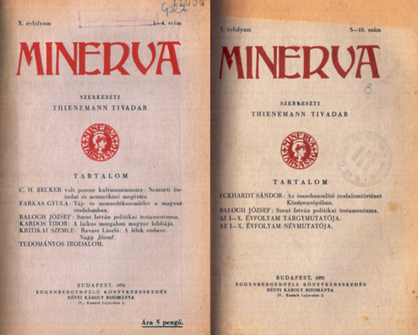 Thienemann Tivadar  (szerk.) - Minerva 1931. 1-10 teljes vfolyam + 1934. 1-10 teljes vfolyam