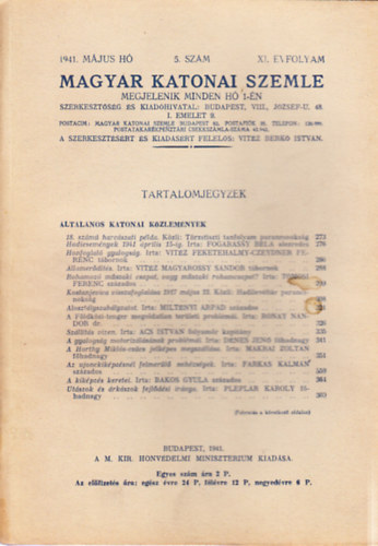 Vit�z Berk� Istv�n  (szerk.) - Magyar Katonai Szemle 1941. m�jus (XI. �vf, 5. sz�m)