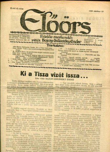 vit�z Bajcsy-Zsilinszky Endre  ( felel�s szerkeszt�) - El��rs foly�irat II. �vf. 42. sz�m. 1929. okt�ber 19.