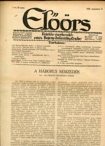vit�z Bajcsy-Zsilinszky Endre  ( felel�s szerkeszt�) - El��rs foly�irat I. �vf. 22. sz�m. 1928. augusztus 12.
