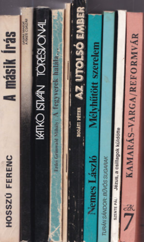 Gáspár Margit, Katkó István, Erdei Grünwald Mihály, Lázár Gyula, Bogáti Péter, Nemes László, Turán Sándor, Szente Pál, Kamarás István-Varga Csaba Hosszú Ferenc - 10 db. sci-fi (magyar szerzők, 1980-as évek): A másik Írás + A fekete császár + Törésvonal + A fegyverek halála + A tiltott vulkán + Az utolsó ember + Mélyhűtött szerelem + Bűvös sugarak + Jézus, a csillagok küldötte + Reformvár