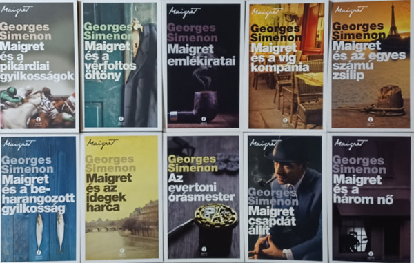 Georges Simenon - 10 db Maigret felgyel: Maigret s a pikrdiai gyilkossgok + Az evertoni rsmester + Maigret csapdt llt + Maigret s az idegek harca + Maigret s a vrfoltos ltny + Maigret emlkiratai + Maigret  s a beharangozott gyilkoss