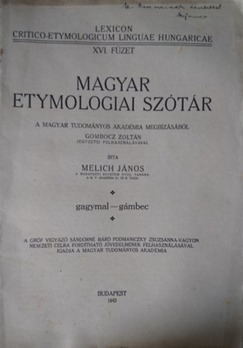 Melich Jnos - Magyar etymologiai sztr XVI. fzet
