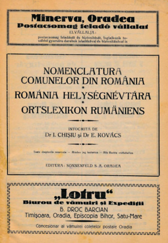 Dr.I.Chiusi - Dr.E.Kovcs - Nomenclatura Comunelor din Romnia. Rmnia helysgnvtra.