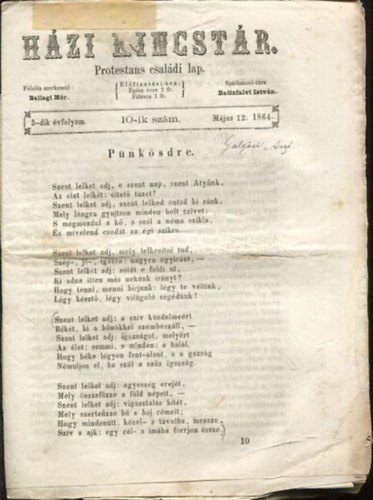 Batizfalvi István Ballagi Mór (szerk.) - Házi kincstár. Protestáns családi lap. 5-dik évfolyam. 10-ik szám. Május 12. 1864.