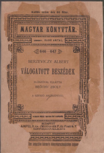 Berzeviczy Albert - Vlogatott beszdek (nem reprint)- Magyar knyvtr 646-647.