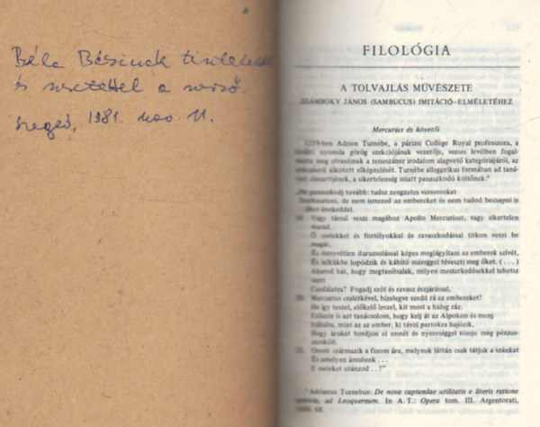 Téglásy Imre - A tolvajlás művészete ( Zsámboky János ( Sambucus ) imitáció-elméletéhez ) - Különlenyomat - Dedikált