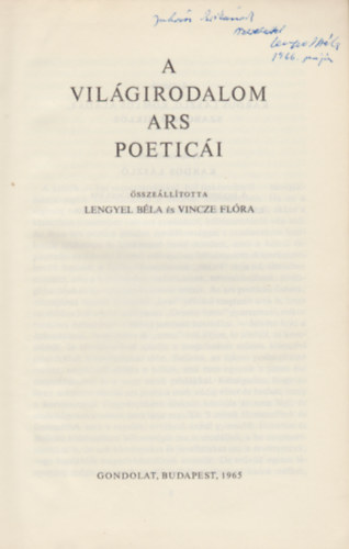 Lengyel Bla; Vincze Flra - A vilgirodalom ars poetici