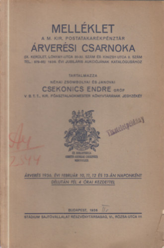 Mell�klet a M. Kir. Postatakar�kp�nzt�r �rver�si csarnoka 1936. �vi jubil�ris aukci�j�nak katal�gus�hoz