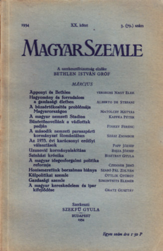 Bethlen István gróf - Magyar Szemle 1934. március XX. kötet 3. (79.) szám