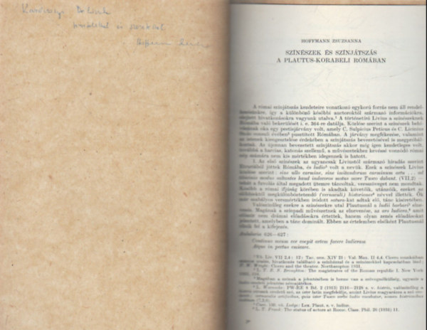 Hoffmann Zsuzsanna - Sznszek s sznjtszs a Plautus-korabeli Rmban - Klnlenyomat - Dediklt