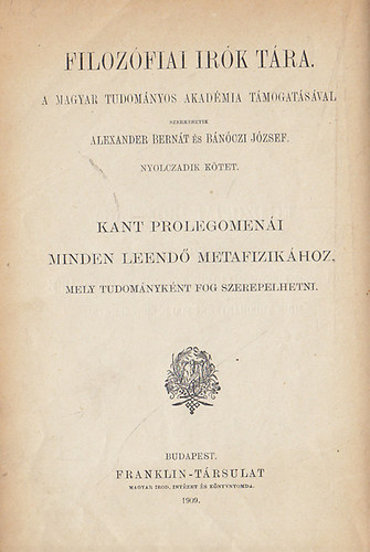 Alexander Bern�t   (ford.) - Kant prolegomen�i minden leend� metafizik�hoz (filoz�fiai �r�k t�ra)