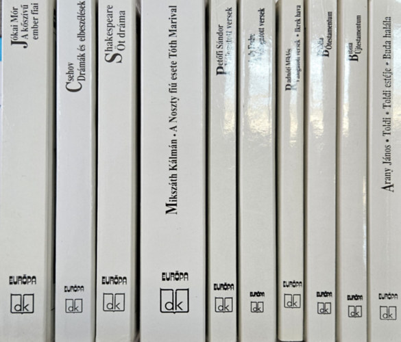 Ady Endre, Anton Pavlovics Csehov, J�kai M�r, Miksz�th K�lm�n, Pet�fi S�ndor, Radn�ti Mikl�s, William Shakespeare Arany J�nos - 10 db Eur�pa Di�kk�nyvt�r k�tet :  Toldi - Toldi est�je - Buda hal�la + Ady Endre V�logatott versek + Biblia �testamentum + Biblia �jtestamentum +  Csehov Dr�m�k �s elbesz�l�sek + K�sz�v� ember fiai + A Noszty fi� esete a T�th Mar