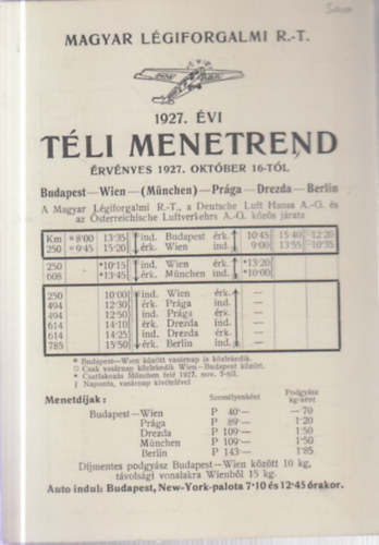1927. �vi t�li menetrend (Magyar L�giforgalmi R.T. )