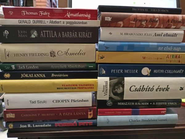 Miksz�th K�lm�n, M. Hrabovszky J�lia, Gerald Durrell, Henry Fielding, J�kai Anna, Thomas Fahy, Jack London, Vlagyimir Vojnovics, Tad Szulc, Caroline P. Murphy, Joe R. Lansdale Charles Baudleaire - Sz�pirodalom, K�NYVMENT� AJ�NLAT 20 db. Sara �s Sim�n +A Pasi +Ami elm�lt+ Az els� nap+ Afrikai kr�nik�k+ Kutya csillagk�p+ Cs�b�t� �vek+ A fekete v�ros+ Az �l�sk�d�+ Charles Baudelaire versei+ �lmatlans�g+ �llatkert a poggy�s