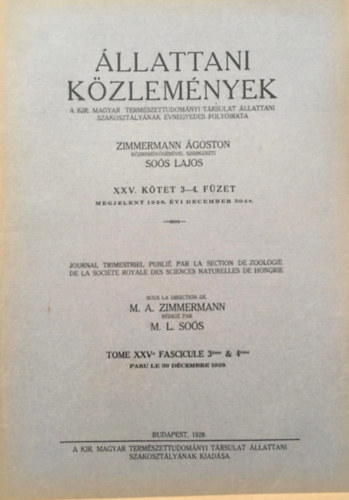 Sos Lajos  Zimmermann goston (szerk.) - llattani kzlemnyek XXV. ktet 3-4. fzet