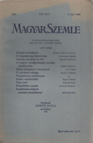 Szekf Gyula  (Szerk.) - Magyar szemle 1933 oktber XIX. ktet  2.(74.) szm