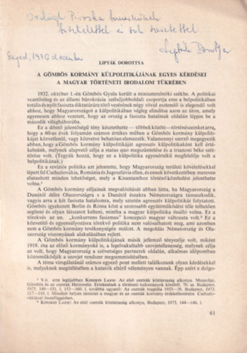 Lipt�k Dorottya - A G�mb�s-korm�ny k�lpolitik�j�nak egyes k�rd�sei a magyar t�rt�neti irodalom t�kr�ben - K�l�nlenyomat - dedik�lt