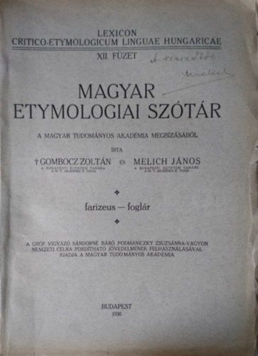 Gombocz Zoltn-Melich Jnos - Magyar etymologiai sztr XII. fzet