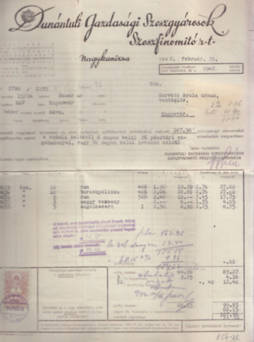 Dunntli Gazdasgi Szeszgyrosok - Szmla 1942. februrjbl