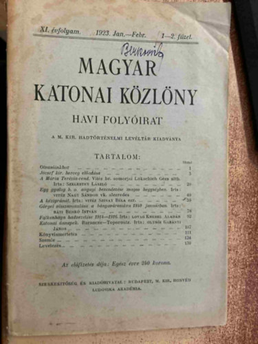 Magyar Katonai K�zl�ny 1923. Jan.-Febr. 1-2. f�zet