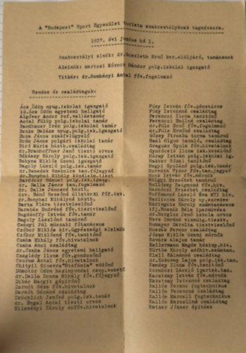 Dr. Goszleth Ern� - A "Budapest" Sport Egyes�let turista szakoszt�ly�nak tagn�vsora (1937. 06.01. ) - nyomtatv�ny Sz�csi Ern�n�nek