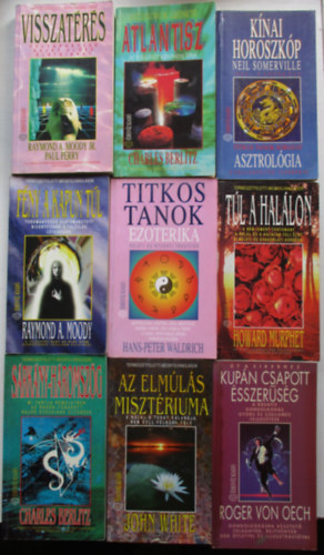 9 db ezoterikus knyv az desvz kiadtl (Kupn csapott sszersg, Srkny-hromszg, Az elmls misztriuma, Tl a hallon,  Titkos tanok, Visszatrs, Atlantisz, stb..)