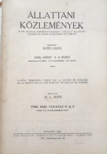 Sos Lajos - llattani Kzlemnyek XXIX. ktet 3-4. fzet (1932)
