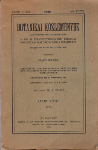 Szab Zoltn - Botanikai Kzlemnyek 1936. XXXIII. ktet 1-6. fzet
