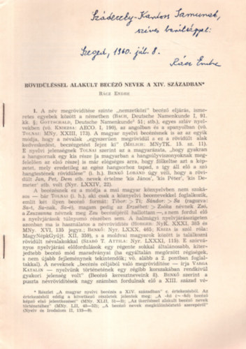 Rácz Endre - Rövidüléssel alakult becéző nevek a XIV.században (dedikált)