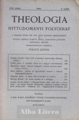 Iványi János (szerk) - Theologia hittudományi folyóirat VIII. kötet 1941. 3. szám