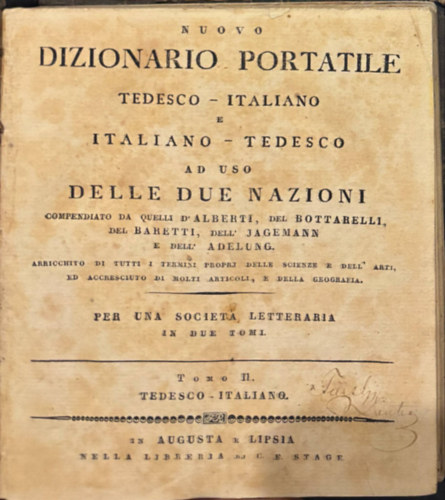 D'Alberti - Bottarelli - Baretti - Jagemann - Adelung - Nuovo Dizionario Portatile -  Italiano - Tedesco / Tedesco - Italiano II. (Olasz - Nmet/  Nmet - Olasz sztr II. ktet)