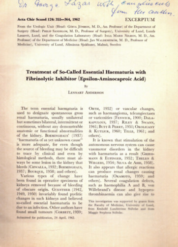 Lennart Andersson - Treatment of So-Called Essential Haematuria with Fibrinolytic Inhibitor (Epsilon-Aminocaproic Acid) (dedikált)