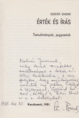 Szekér Endre - Érték és írás (Dedikált)