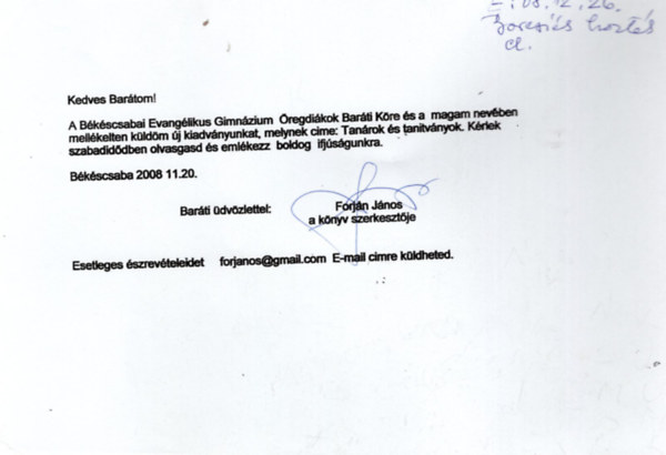 Forján János - Tanárok és tanítványok-dedikált levél