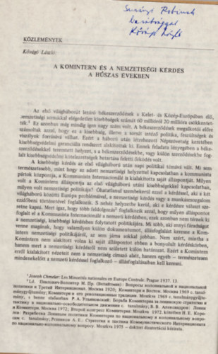 Kvg Lszl - A komintern s a nemzetkzi krds a hszas vekben- Klnlenyomat a Szzadok 1981. vi 4. szmbl- dediklt